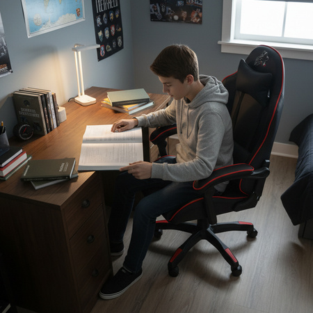 FOTEL GAMINGOWY BIUROWY OBROTOWY ZING-B CZARNY OBSZYCIE CZERWONE SKÓRA PU