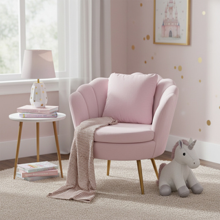 FOTEL KRZESŁO MUSZELKA WELUROWY TAPICEROWANY SAVA PUDROWY RÓŻ NOGI ZŁOTE