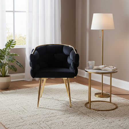 FOTEL KRZESŁO PLECIONE WELUROWE TAPICEROWANE BORNEO GLAMOUR CZARNY NOGI ZŁOTE