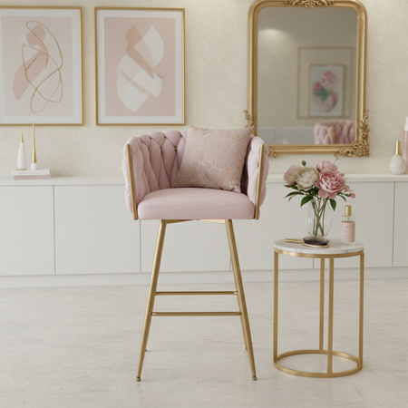 HOKER KRZESŁO BAROWE FERA PUDROWY RÓŻ WELUR NOGI ZŁOTE