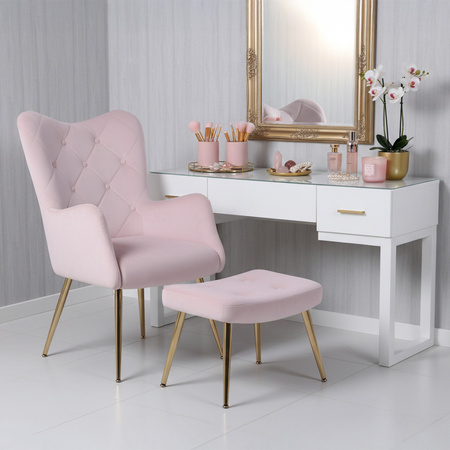 KRZESŁO FOTEL WELUROWY TAPICEROWANY Z PODNÓŻKIEM MARS PUDROWY RÓŻ NOGI ZŁOTE