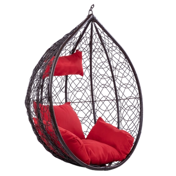 FOTEL OGRODOWY WISZĄCY KOKON DUŻY KOSZ KORFU BRĄZOWY BEZ PODSTAWY PODUSZKA CZERWONA