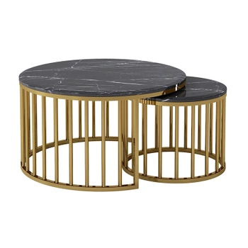 STOLIKI KAWOWE BENA OKRĄGŁE STOLIK KAWOWY ZŁOTY CZARNY MARMUR LOFT ZESTAW 2 STOLIKÓW