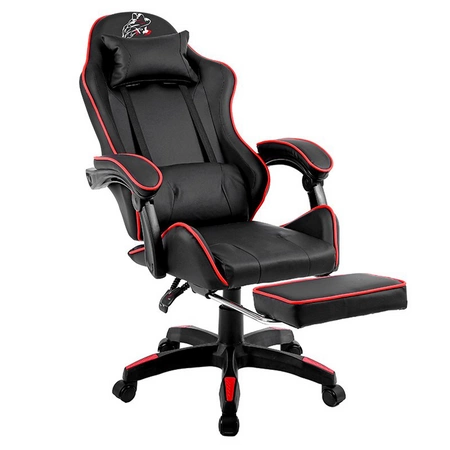FOTEL GAMINGOWY BIUROWY OBROTOWY ZING-A CZARNY OBSZYCIE CZERWONE SKÓRA PU