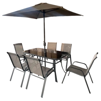 ZESTAW MEBLI OGRODOWYCH OBIADOWE PARASOL ALBENA 6 OSOBOWE BRĄZOWE