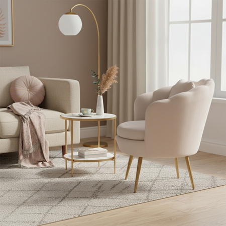 FOTEL KRZESŁO MUSZELKA WELUROWY TAPICEROWANY SAVA ECRU NOGI ZŁOTE