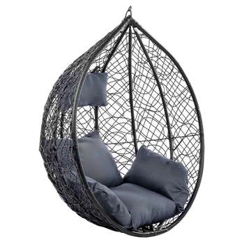 FOTEL OGRODOWY WISZĄCY KOKON DUŻY KOSZ KORFU CZARNY BEZ PODSTAWY PODUSZKA SZARA