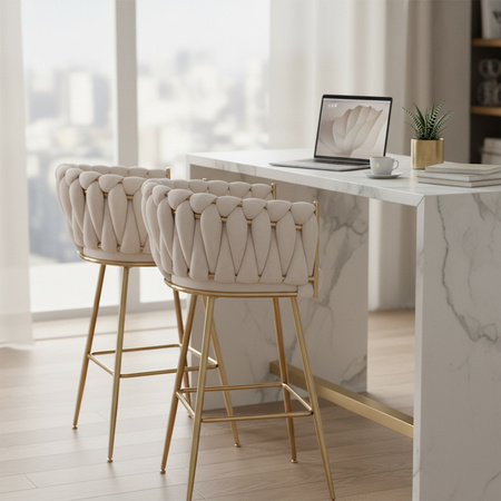 HOKER KRZESŁO BAROWE FERA ECRU WELUR NOGI ZŁOTE