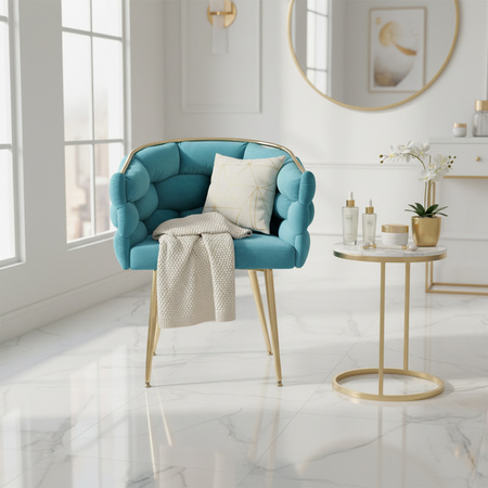 FOTEL KRZESŁO PLECIONE WELUROWE TAPICEROWANE GLAMOUR BORNEO TURKUSOWY NOGI ZŁOTE