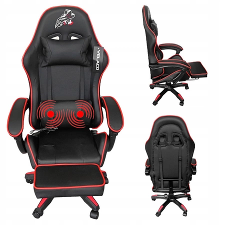 FOTEL GAMINGOWY BIUROWY OBROTOWY ZING-A CZARNY OBSZYCIE CZERWONE SKÓRA PU
