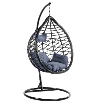 FOTEL OGRODOWY WISZĄCY KOKON DUŻY KOSZ VEGAS CZARNY Z PODSTAWĄ PODUSZKA SZARA