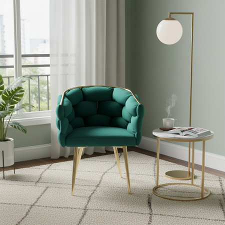 FOTEL KRZESŁO PLECIONE WELUROWE TAPICEROWANE BORNEO GLAMOUR ZIELONY NOGI ZŁOTE