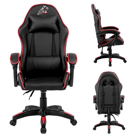 FOTEL GAMINGOWY BIUROWY OBROTOWY ZING-B CZARNY OBSZYCIE CZERWONE SKÓRA PU