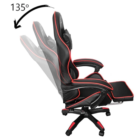 FOTEL GAMINGOWY BIUROWY OBROTOWY ZING-A CZARNY OBSZYCIE CZERWONE SKÓRA PU