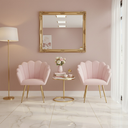 FOTEL KRZESŁO WELUROWE TAPICEROWANE TINA PUDROWY RÓŻ NOGI ZŁOTE