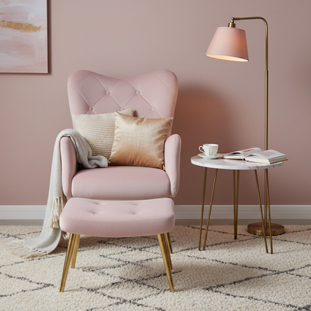 KRZESŁO FOTEL WELUROWY TAPICEROWANY Z PODNÓŻKIEM MARS PUDROWY RÓŻ NOGI ZŁOTE