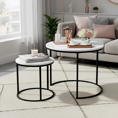 STOLIK KAWOWY OKRĄGŁY BIAŁY MARMUROWY NOWOCZESNY ZESTAW STOLIKÓW DO SALONU TIG-1-MAR-WH-BL-60