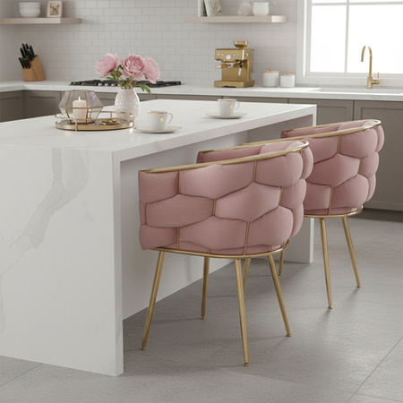 FOTEL KRZESŁO PLECIONE WELUROWE TAPICEROWANE BORNEO GLAMOUR BRUDNY RÓŻ NOGI ZŁOTE