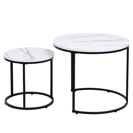 STOLIK KAWOWY OKRĄGŁY BIAŁY MARMUROWY NOWOCZESNY ZESTAW STOLIKÓW DO SALONU TIG-1-MAR-WH-BL-60