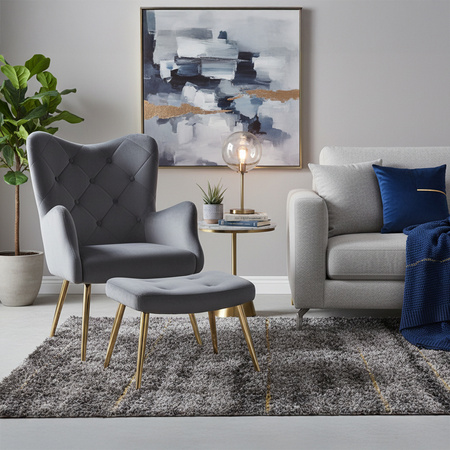 KRZESŁO FOTEL WELUROWY TAPICEROWANY Z PODNÓŻKIEM MARS CIEMNOSZARY NOGI ZŁOTE