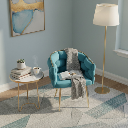 FOTEL KRZESŁO PLECIONE WELUROWE TAPICEROWANE GLAMOUR BORNEO TURKUSOWY NOGI ZŁOTE