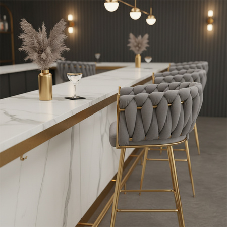 HOKER KRZESŁO BAROWE FERA SZARY WELUR NOGI ZŁOTE