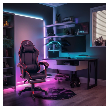 FOTEL GAMINGOWY BIUROWY OBROTOWY ZING-A CZARNY OBSZYCIE CZERWONE SKÓRA PU