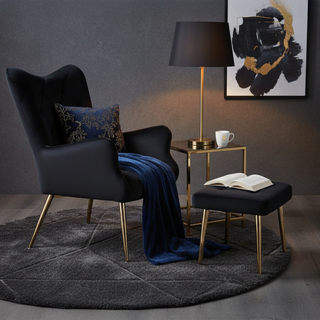 KRZESŁO FOTEL WELUROWY TAPICEROWANY Z PODNÓŻKIEM MARS CZARNY NOGI ZŁOTE