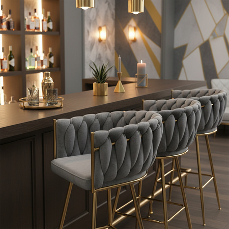 HOKER KRZESŁO BAROWE FERA CIEMNY SZARY WELUR NOGI ZŁOTE