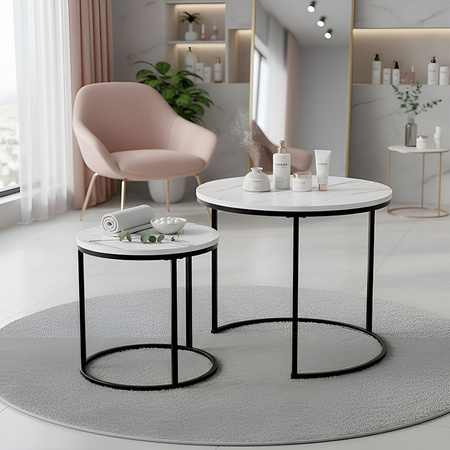 STOLIK KAWOWY OKRĄGŁY BIAŁY MARMUROWY NOWOCZESNY ZESTAW STOLIKÓW DO SALONU TIG-1-MAR-WH-BL-60