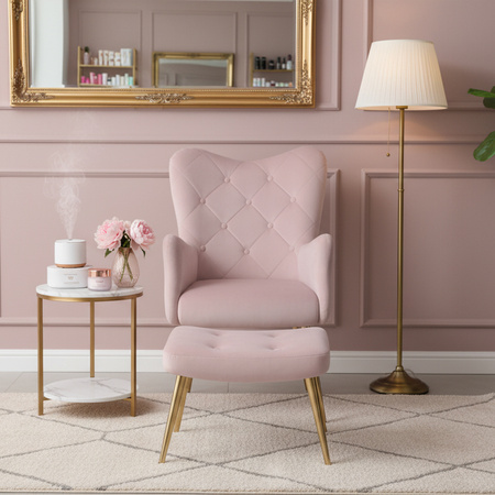 KRZESŁO FOTEL WELUROWY TAPICEROWANY Z PODNÓŻKIEM MARS PUDROWY RÓŻ NOGI CZARNE