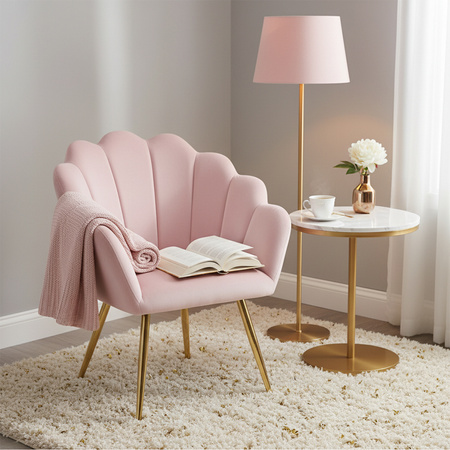 FOTEL KRZESŁO WELUROWE TAPICEROWANE TINA PUDROWY RÓŻ NOGI ZŁOTE