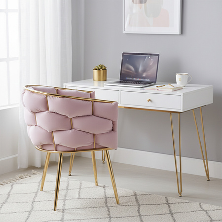 FOTEL KRZESŁO PLECIONE WELUROWE TAPICEROWANE BORNEO GLAMOUR PUDROWY RÓŻ NOGI ZŁOTE