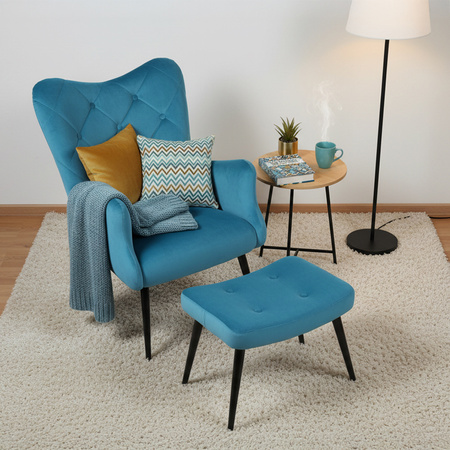 KRZESŁO FOTEL WELUROWY TAPICEROWANY Z PODNÓŻKIEM MARS TURKUSOWY NOGI CZARNE