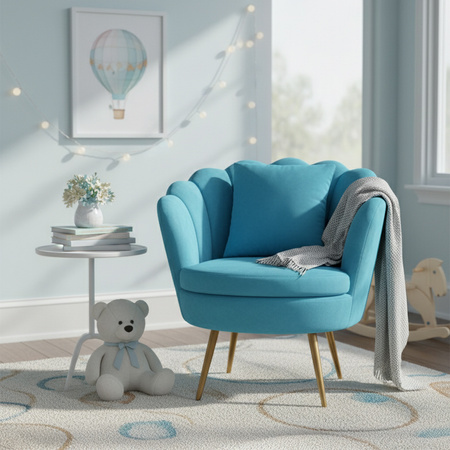 FOTEL KRZESŁO MUSZELKA WELUROWY TAPICEROWANY SAVA TURKUSOWY NOGI ZŁOTE