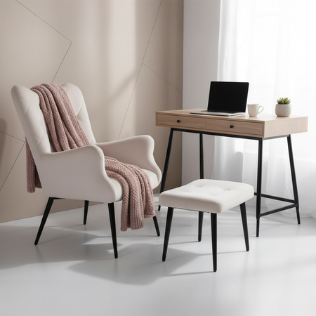 KRZESŁO FOTEL WELUROWY TAPICEROWANY Z PODNÓŻKIEM MARS ECRU NOGI CZARNE