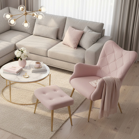 KRZESŁO FOTEL WELUROWY TAPICEROWANY Z PODNÓŻKIEM MARS PUDROWY RÓŻ NOGI CZARNE