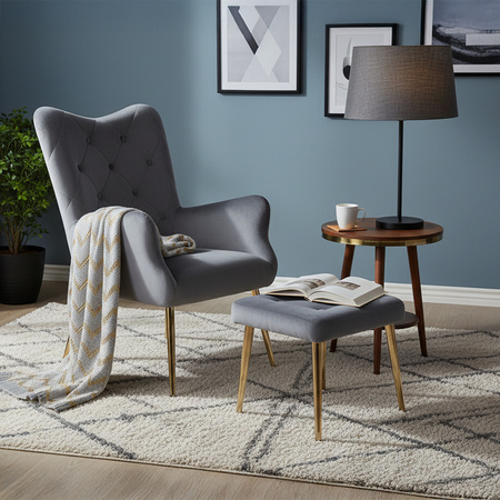 KRZESŁO FOTEL WELUROWY TAPICEROWANY Z PODNÓŻKIEM MARS CIEMNOSZARY NOGI ZŁOTE