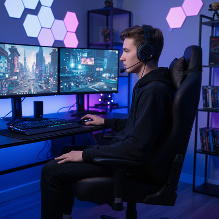 FOTEL GAMINGOWY BIUROWY OBROTOWY SONIC CZARNO/CZERWONY SKÓRA PU