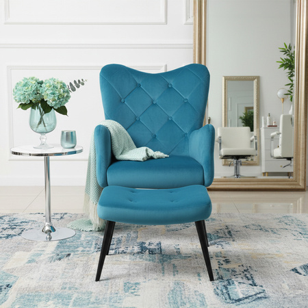 KRZESŁO FOTEL WELUROWY TAPICEROWANY Z PODNÓŻKIEM MARS TURKUSOWY NOGI CZARNE