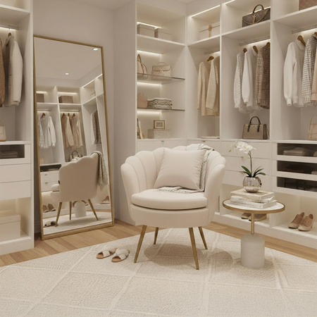 FOTEL KRZESŁO MUSZELKA WELUROWY TAPICEROWANY SAVA ECRU NOGI ZŁOTE