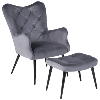 KRZESŁO FOTEL WELUROWY TAPICEROWANY Z PODNÓŻKIEM MARS CIEMNOSZARY NOGI CZARNE