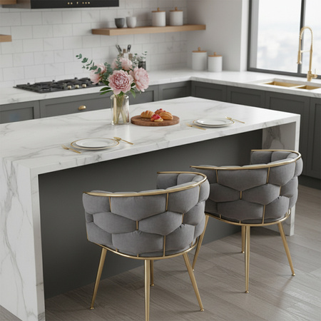 FOTEL KRZESŁO PLECIONE WELUROWE TAPICEROWANE BORNEO GLAMOUR CIEMNOSZARY NOGI ZŁOTE