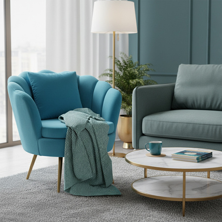 FOTEL KRZESŁO MUSZELKA WELUROWY TAPICEROWANY SAVA TURKUSOWY NOGI ZŁOTE