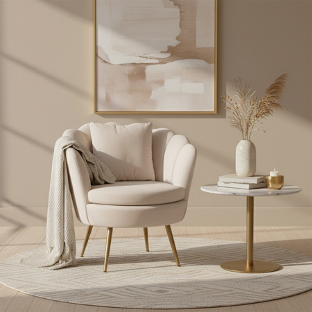 FOTEL KRZESŁO MUSZELKA WELUROWY TAPICEROWANY SAVA ECRU NOGI ZŁOTE
