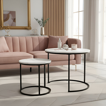 STOLIK KAWOWY OKRĄGŁY BIAŁY MARMUROWY NOWOCZESNY ZESTAW STOLIKÓW DO SALONU TIG-1-MAR-WH-BL-60