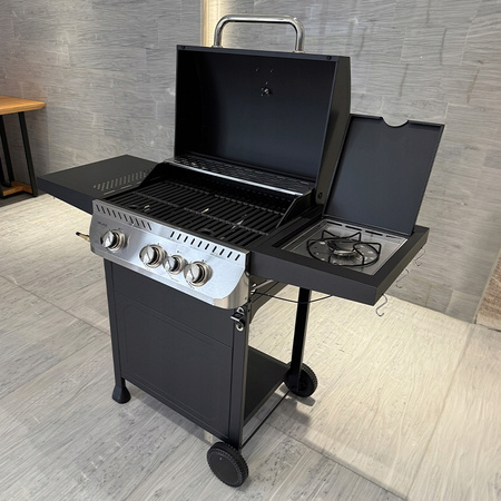 GRILL OGRODOWY GAZOWY Z POKRYWĄ I PÓŁKAMI APOLLO-B CZARNY RUSZT ŻELIWNY 11,5 KW + POKROWIEC