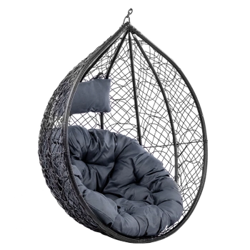 FOTEL OGRODOWY WISZĄCY KOKON DUŻY KOSZ KORFU CZARNY BEZ PODSTAWY PODUSZKA OKRĄGŁA SZARA