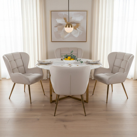 FOTEL KRZESŁO WELUROWE TAPICEROWANY CAPRI ECRU WELUR NOGI ZŁOTE