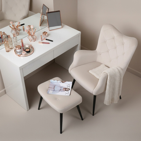 KRZESŁO FOTEL WELUROWY TAPICEROWANY Z PODNÓŻKIEM MARS ECRU NOGI CZARNE